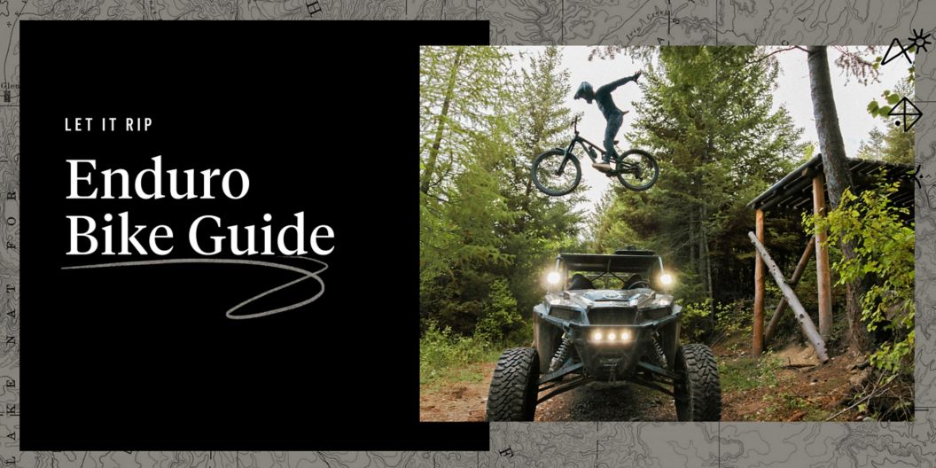 A topographic background with an image of a rider soaring over a 4x4 vehicle.  Text overlay reads: Enduro Bike Guide. Let it rip. 